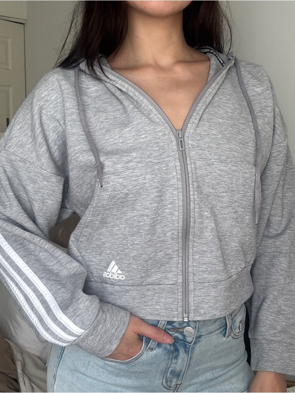 Adidas Heather grey 3 stripe drop shoulder zip up sweatshirt hoodie small